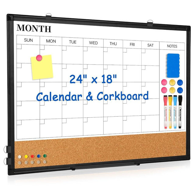 Monthly Calendar Whiteboard Dry Erase Cork Board Combo, 24" x 18" Magnetic Double-Sided Calendar White Board and Bulletin Board with Black Aluminium Frame, Portable Board for Office,Home