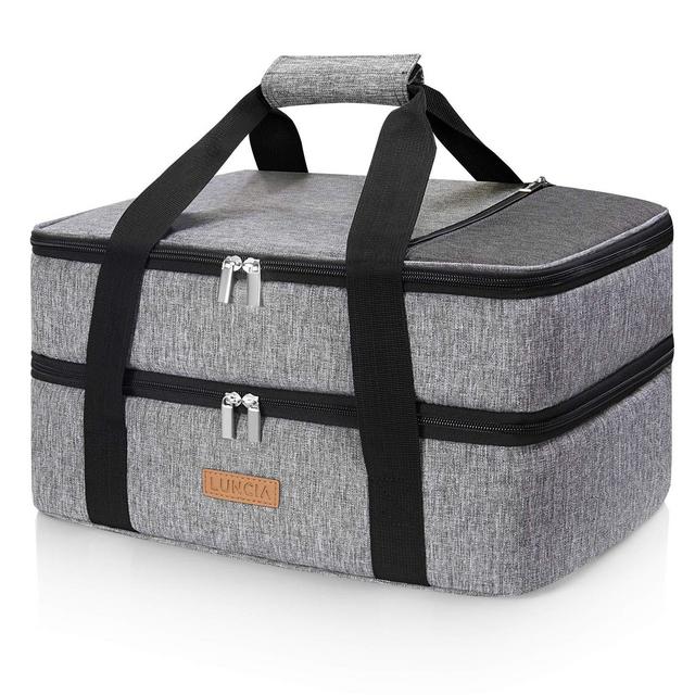 LUNCIA Double Decker Insulated Casserole Carrier for Hot or Cold Food, Lasagna Holder Tote for Potluck Parties/Picnic/Cookouts, Fits 9x13 Baking Dish, Grey