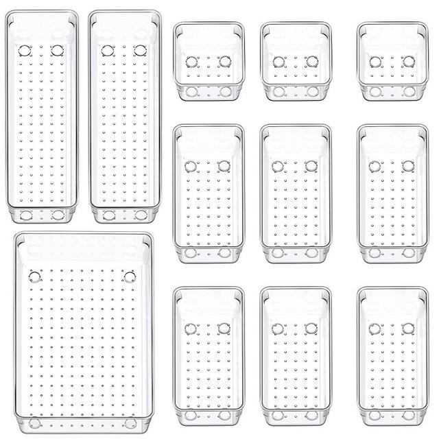 JARLINK 12 Pack Refrigerator Organizer Bins, Drawer Organizer Trays with 4 Different Sizes, Versatile Pantry Organizers Storage for Kitchen, Cabinets, Countertop, Bathroom, Makeup, Bedroom (Clear)