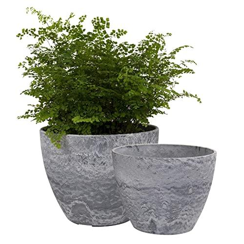 Flower Pots Outdoor Indoor Garden Planters, Plant Containers with Drain Hole, Gray, Marble Pattern (8.6 + 7.5 Inch)