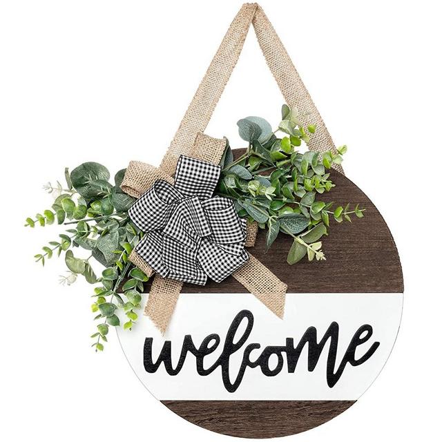 Dahey Rustic Welcome Sign with Artificial Eucalyptus Front Door Decor Round Wood Hanging Sign Farmhouse Porch Decorations for Home Outdoor Indoor, Brown and White