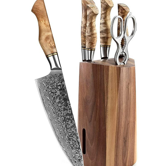 HEZHEN 7PCS Kitchen Knives Set Professional Forging Damascus High Carbon Steel Chef Knife Santoku Bread Knife Utility Knife Fruit Knife 3cr14 Multifunctional Kitchen Scissors 6Slot Black Walnut Block