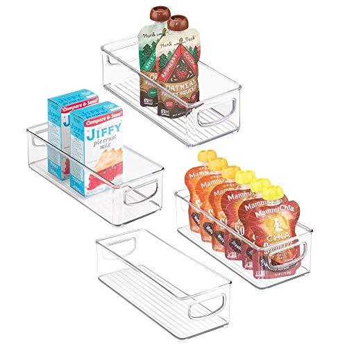 mDesign Stackable Plastic Food Storage Bin with Handles for Kitchen Pantry, Cabinet, Refrigerator, Freezer - Organizer for Fruit, Yogurt, Squeeze Pouches - BPA Free, 10" Long - 4 Pack - Clear