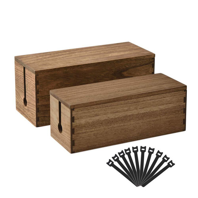 Kirigen Cord Management Box Wooden - Cable Organizer Hide Power Strips,Electrical Plugs - Desk Wires Station Protector for TVs,Computers,Power Cords & Bricks,Phone Ghargers(Set of 2,Dark Brown)