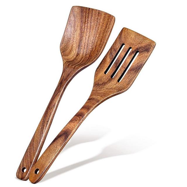 2Pcs Wooden Spatula for Cooking, Solid Turner & Slotted Spatula Set for Nonstick Pans, Acacia Kitchen Utensils Set with Long Handle, Smooth Finish Wood Spatulas for Cooking, Frying, Baking