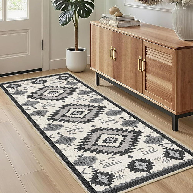 Western Runner Rug 2x6 for Hallway Kitchen Bedroom, Southwestern Aztec Runner Rugs Washable Tribal Navajo Southwest Rug Non-Slip Printed Low-Pile Long Floor Carpet Mat for Bathroom Laundry, Cream
