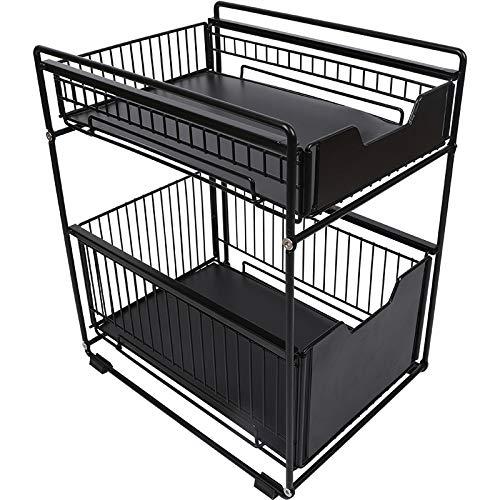 TristonSong Stackable 2-Tie Under Sink Cabinets Organizer with Sliding Storage Drawer, Pull Out Cabinets Organizer Shelf, Sliding Kitchen Countertop Storage Basket-Black Large