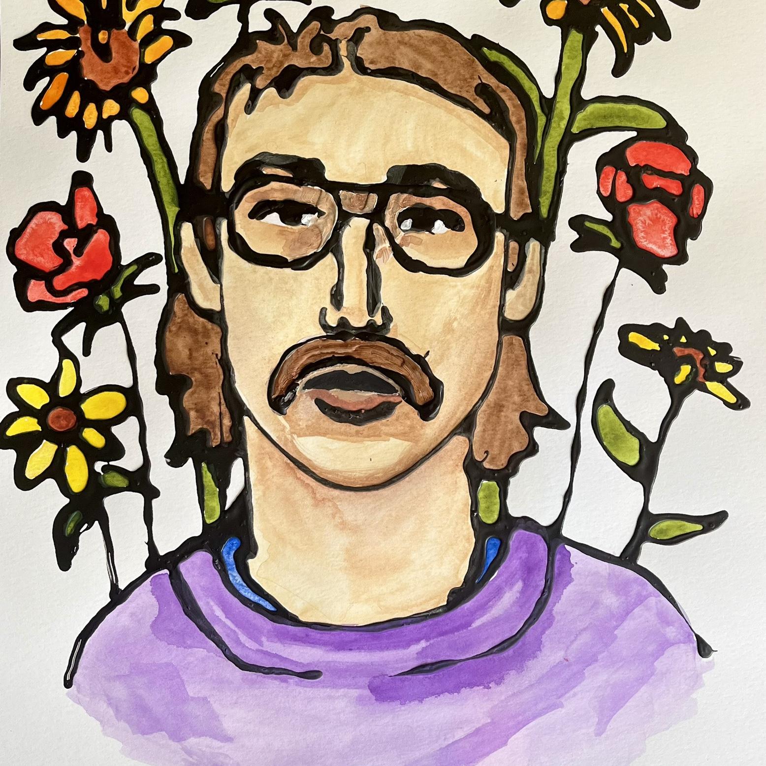 Black glue portrait of Sam by Katie