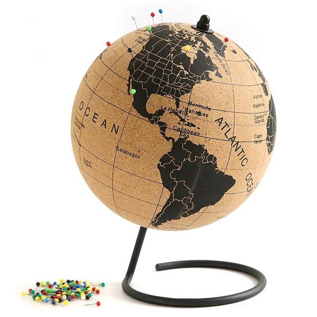 Globe Trekkers - Medium Cork Globe with 100 Colored Push Pins & Durable Steel Base - 7.3 Inches | Great for Mapping Travels & Educational Purposes | Does Not Have Plastic Strip Like Most -USA Outlined