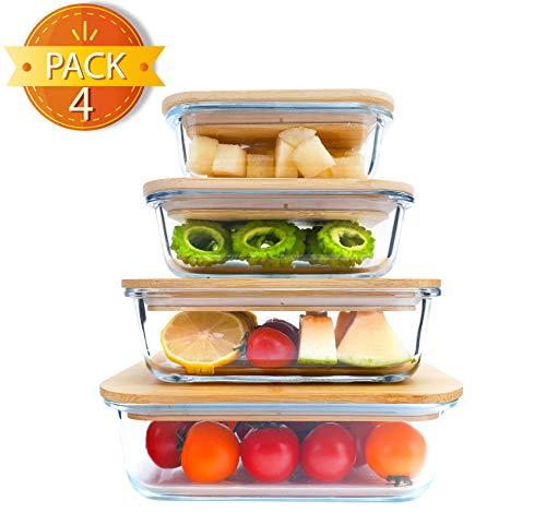 BlueHills Premium Glass Meal Prep Containers with bamboo Lids Plastic Free Glass Food Containers BPA-Free Microwave Oven Freezer Dishwasher Safe 4 pack set 8 pieces (G005 Assorted set bamboo lid)
