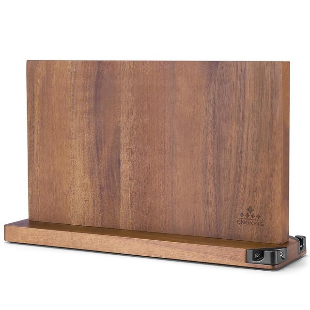 ENOKING 15.2" Extra Large Magnetic Knife Block with Dual Sharpeners, Acacia Wood Knife Holder & Display Stand with Strong Magnets