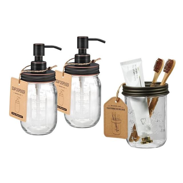 Amolliar Mason Jar Liquid Soap Dispenser, Rustproof Stainless Steel Replacement Pump Lid - 2 Pack and Toothbrush Holder- Rustproof Stainless Steel - Bronze