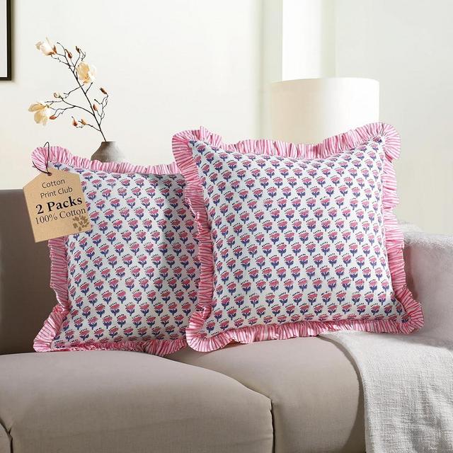 CPC Pink Sapphire Ruffle Throw Pillow Covers for Couch, 20x20 Inch Cotton Stripe Ruffle Couch Pillows for Living Room, Hidden 16 Inch Zipper Boho Pillow Case or Cute Outdoor Pillows