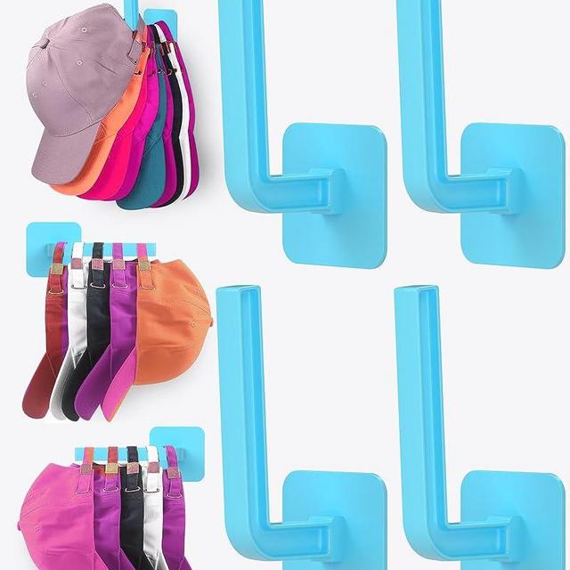 Sunfanie Hat Rack for Hat Storage (4-Pack), Multi-Purpose Hat Organizer, Strong Adhesive Hat Hooks for Wall Hat Organizer for Baseball Caps, Two Mounting Options Hat Hook, Blue
