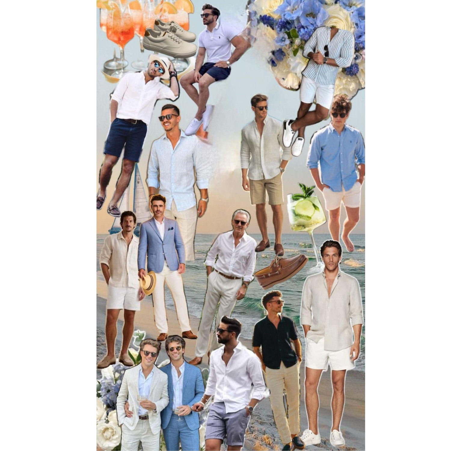 Boys, here's an inspiration for La Cena de Bienvenida. While the girls dress like the sunset, you dress like the sea — where else would they meet? Think blue, beige, sand and white.