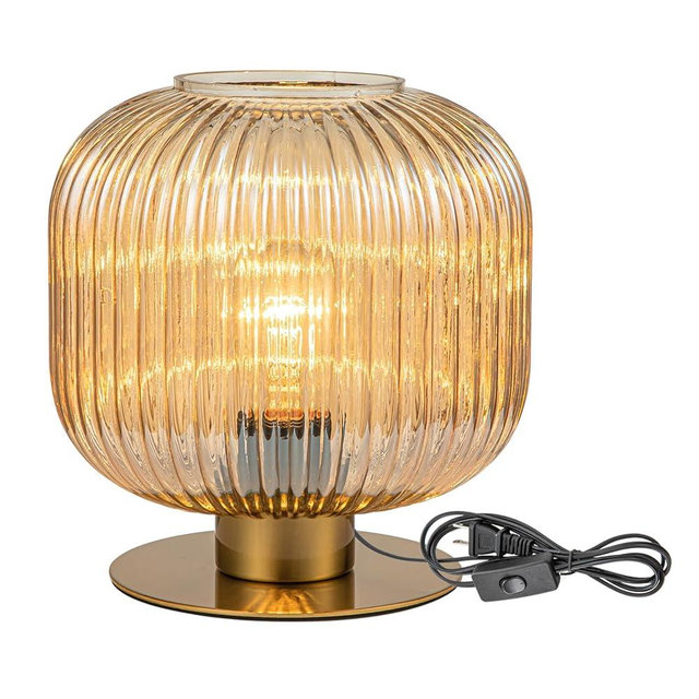 Mid Century Modern Globe Table Lamp, Amber Glass Table Lamp Vintage Bedside Lamp Gold Nightstand Lamp Ribbed Lantern Design, Small Side Table Lamps Decorative Desk Lamp for Bedroom Living Room Office
