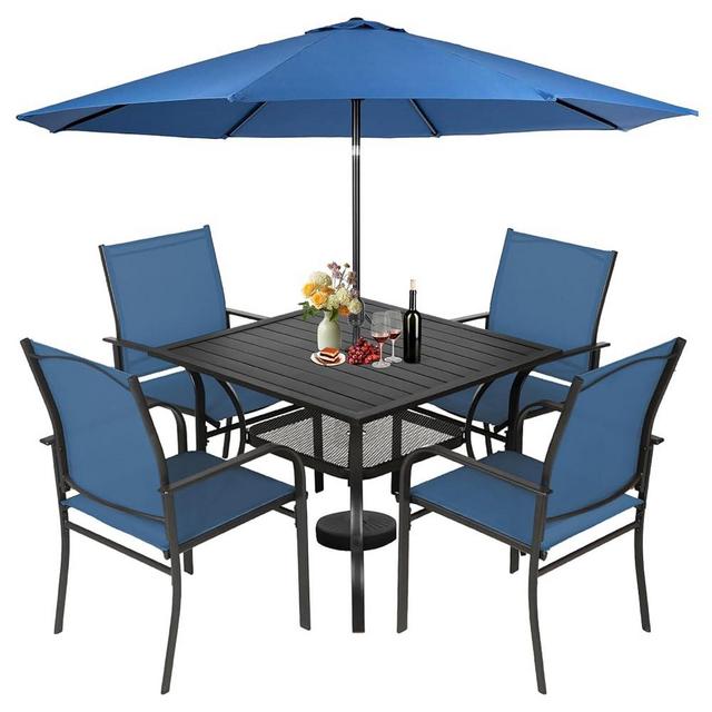 Incbruce 6 Pieces Patio Dining Set with Dark Blue Umbrella, Outdoor Dining Set of 4 Textilene Chairs and Square Table with Umbrella Hole for Backyard, Garden, and Poolside (Blue)