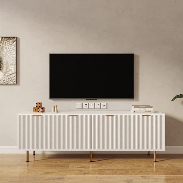 Furnicare Mid Century Modern TV Stand for 80 Inch TV, Entertainment Center Wood TV Stand with 4 Large Drawers, TV Console Table Media Cabinet with Storage for Living Room Bedroom, Warm White