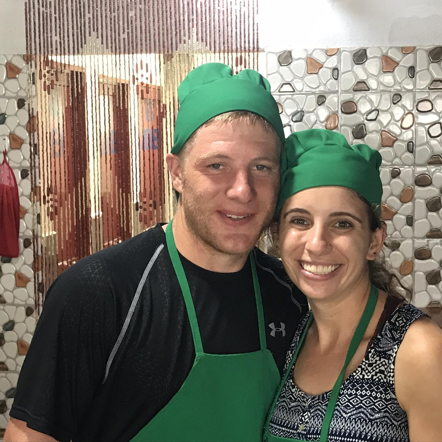 Cooking class in Vietnam. We made spring rolls, pho, and more. The instructor identified Mike as the easy target pretty quickly and force fed him all the food for the entire session 😂