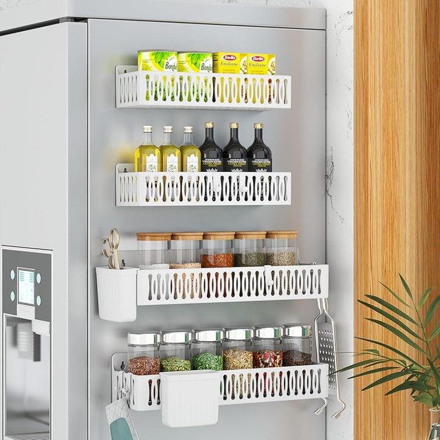 Sevenblue 4 Pack Magnetic Spice Rack for Refrigerator, Moveable Magnetic Shelf Fridge Organizer with 4 Hooks and 2 Hanging Cups for Kitchen Organization, White