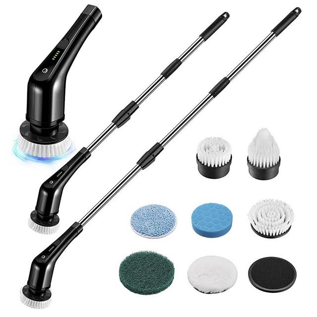 Electric Spin Scrubber, Cordless Bath Tub Power Scrubber with Long Handle & 7 Replaceable Heads, Detachable as Short Handle, Shower Cleaning Brush Household Tools for Bathroom & Tile Floor (Black)