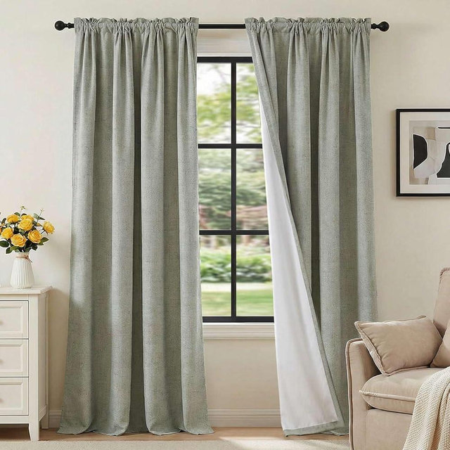 H.VERSAILTEX Linen Look 100% Blackout Curtains 84 Inches Long for Bedroom Full Light Blocking Rod Pocket Linen Textured Thick Window Curtain Drapes with White Backing, Sage, 2 Panels
