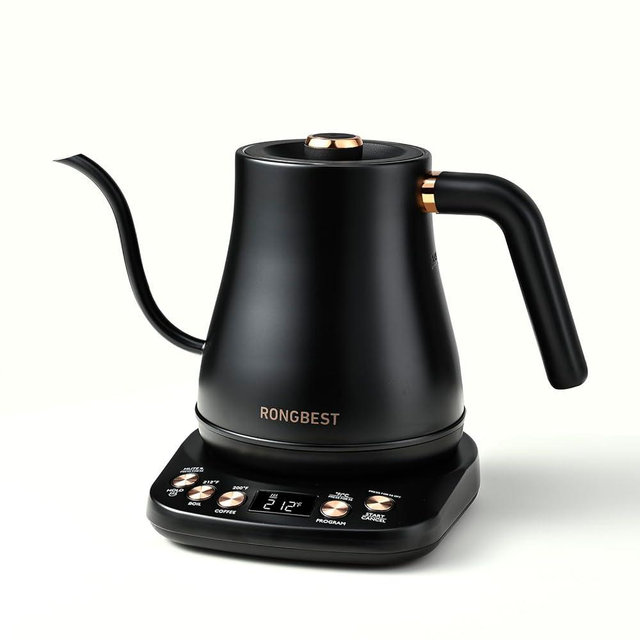 RONGBEST Electric Gooseneck Kettle, 6 Temperature Control Presets, Pour Over Kettle for Coffee & Tea, Quick Heating, Stainless Steel Inner Lid & Bottom, 1200W 1L, Matt Black