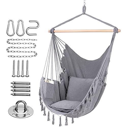 Y- STOP Hammock Chair Hanging Rope Swing-Max 330 Lbs-2 Cushions Included-Large Macrame Hanging Chair with Pocket- Quality Cotton Weave for Superior Comfort & Durability (Light Grey)