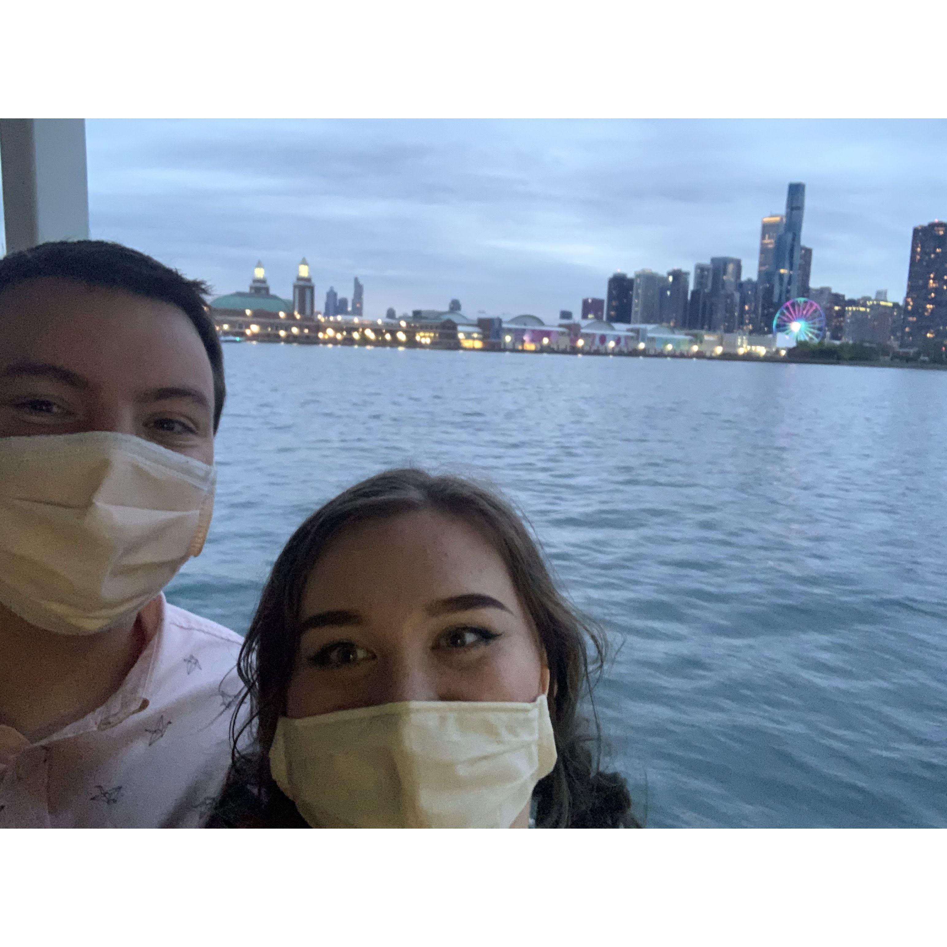 Sunset cruise on Lake Michigan after getting engaged.