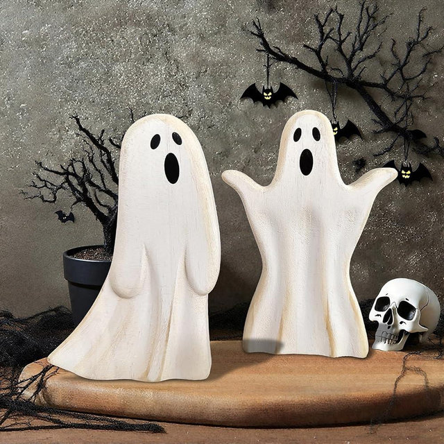 Zrmqh Halloween Ghost Table Decorations Vintage Farmhouse Indoor Wooden Cute Ghost Signs Centerpiece Tabletop Ornament for Tiered Tray Decor Party Home Shelf Desk Mantel Office Kitchen Display