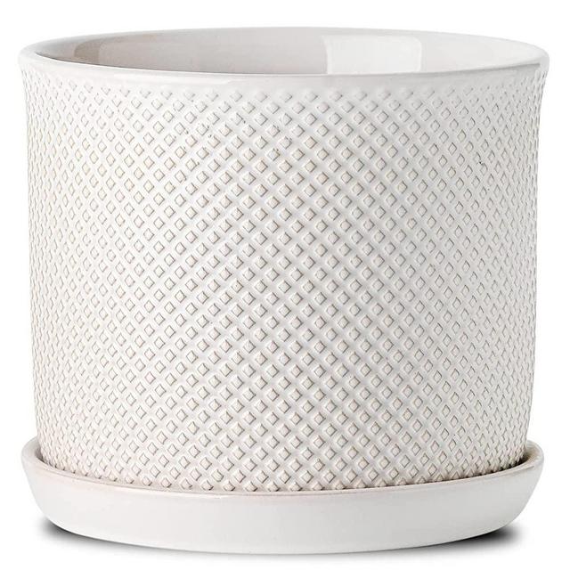 Chubacoo 8 Inch Plant Pots: Planter Pot with Drainage Hole & Saucer - Ceramic Planters for Indoor/Outdoor Plants - Flower Pots for Garden, Home - Beaded Embossed Design White Planter with Tray