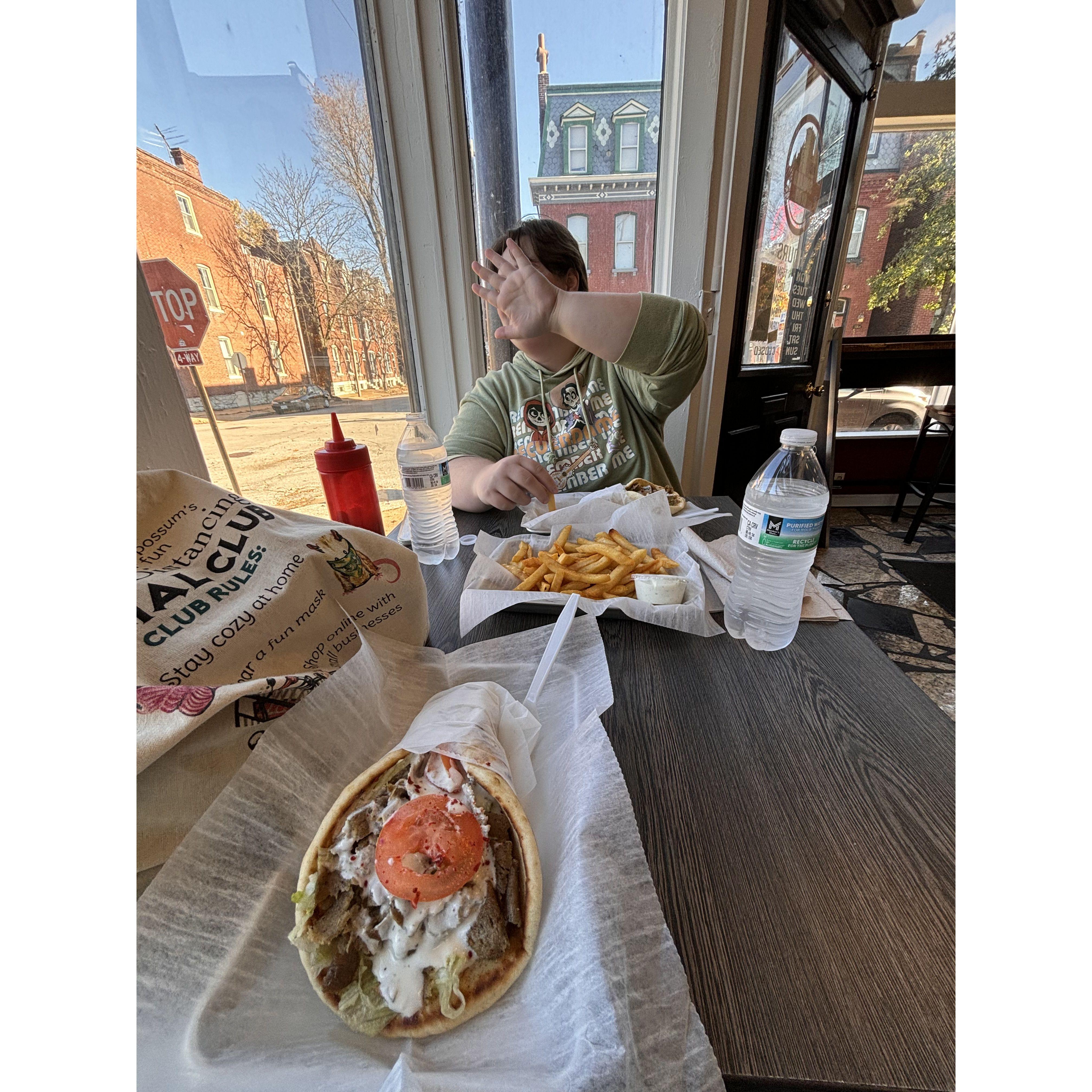No photography please! Here's us trying a new gyro place in Soulard.- Kelly
