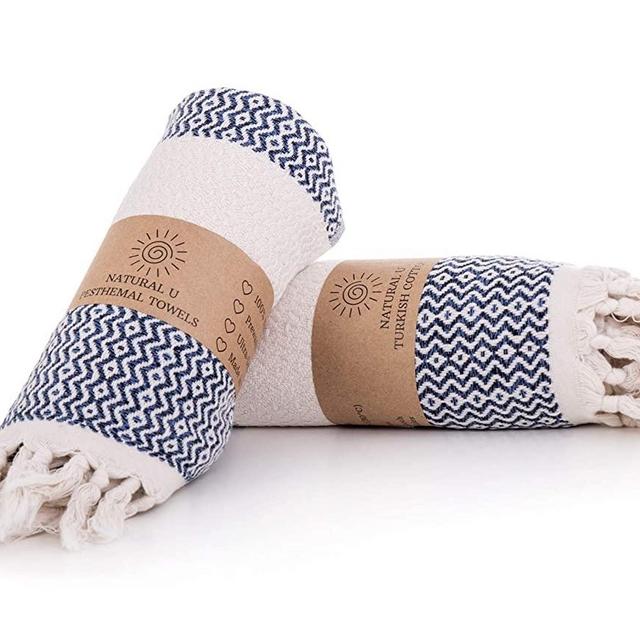 Natural U | Turkish Hand Towel Set of 2 | 100% Cotton, 16.5 X 37 Inches | Decorative Bathroom Peshtemal Towel for Hand, Face, Hair, Tea, Dishcloth, Kitchen, Bath and Farmhouse (Deep Blue)
