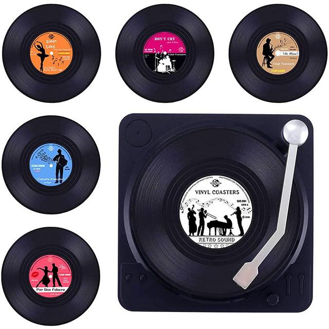 Funny Retro Vinyl Record Coasters with Player and Unique Labels, Valdivia Music Coasters Set of 6 with Gift Box, Gifts for Music Lovers, Coasters for Drinks, Bars, Cafes, Home, Party, Office