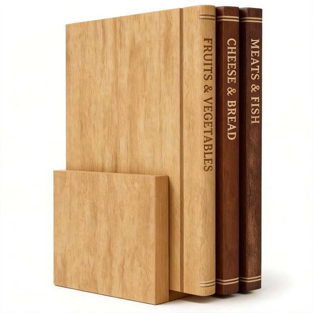 Book Cutting Board Set with Stand - Wooden Library Shaped Chopping Boards That Look Like Books, Labeled Meat Fish Cheese Bread Fruits & Vegetables, Decorative Kitchen Cutting Board Set