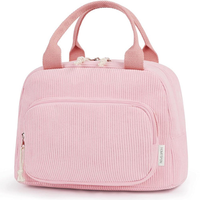 HOMESPON Lunch Bag for Women Men Adults with Front Pocket Cute Corduroy Insulated Lunch Tote Large Capacity Lunch Box Cooler Container for Work Picnic or Travel (Pink)