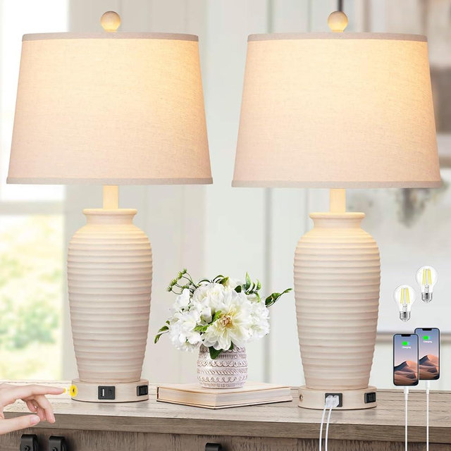 CINSARY 25" Farmhouse Jar Table Lamps Set of 2, 3 Way Touch Control Rustic Bedside Lamps with USB A+C Ports & AC Outlet, Pot Nightstand Lamps for Bedroom Living Room (LED Bulbs Included)