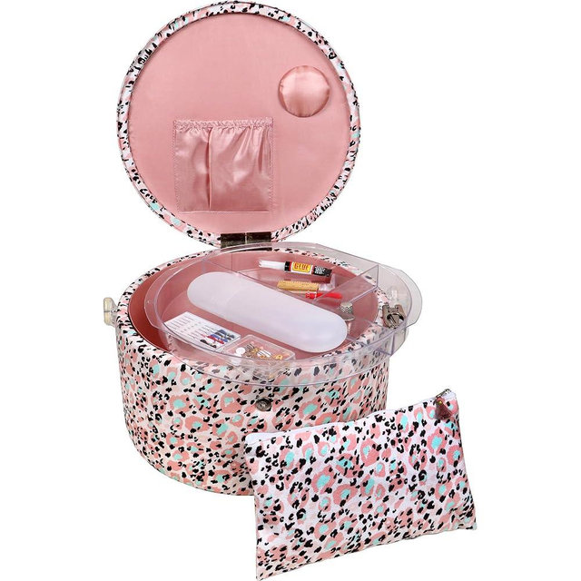 SINGER Large Round Sewing Basket with Emergency Travel Sewing Kit & Matching Zipper Pouch - Rose Pink Leopard Print