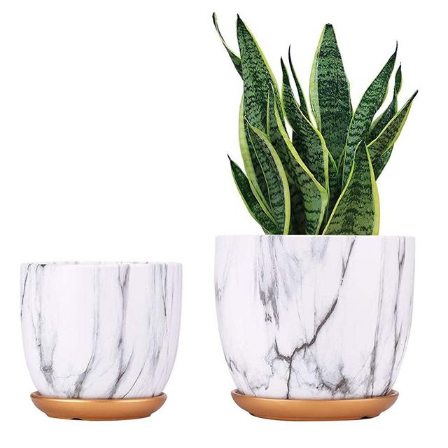 Ceramic Planter with Drainage Hole and Saucers,8 Inch Pots Medium Size and 7 Inch Pots,Ceramic Plant Pots for Indoor or Outdoor Succulents Flowers Marble Pattern,2 Pack，Gift for Friend,Mother,Lover