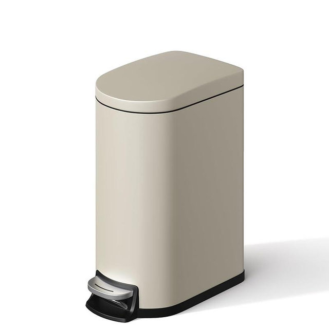 Garvee 2.6 gal / 10 L Metal Bathroom Trash Can with Lid, Slim Waterproof Garbage Can for Bedroom, Small Step-on Trash Bin with Inner Bucket, Rear Handle, Soft Close Lid, Sand Beige