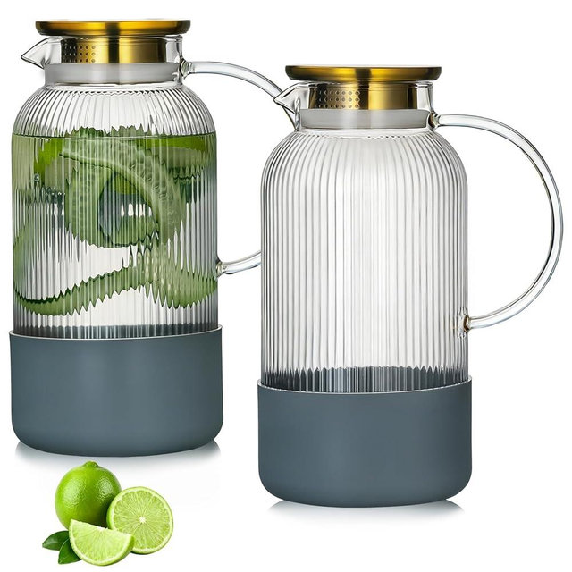 Buaic 2 PACK Glass Pitcher with Lid, 68 oz/ 2 Liter Classic Vertical Stripes Water Pitcher with Silicone Base, Glass Water Carafe for Cold Brew, Coffee, Lemonade, Iced Sun Tea,Beverage,Heat Resistant