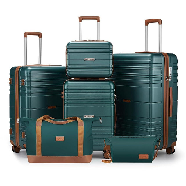 CASELLY Luggage Sets 6 Piece with Spinner Wheels, Lightweight Hardshell Suitcase Set with TSA Lock, Carry On Checked Luggage with Travel Bag & Toiletry Bag(Dark Green, 6 piece sets（14/20/24/28/DB/TB）)
