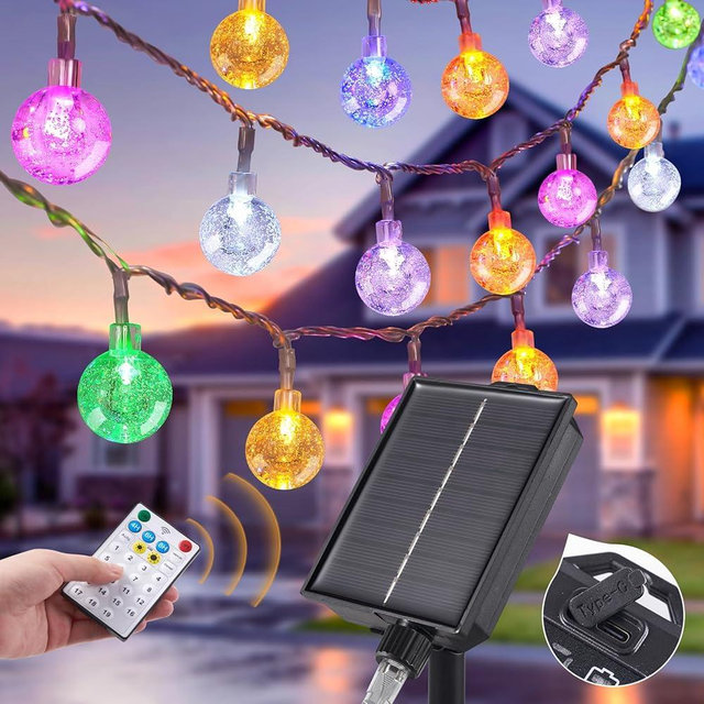 YCoisini Solar String Lights Outside, 39FT Color Changing Indoor/Outdoor Solar Lights Patio Lights with 68 Bulbs, Waterproof Crystal Globe Lights with Type-C Charging Port and Remote Control