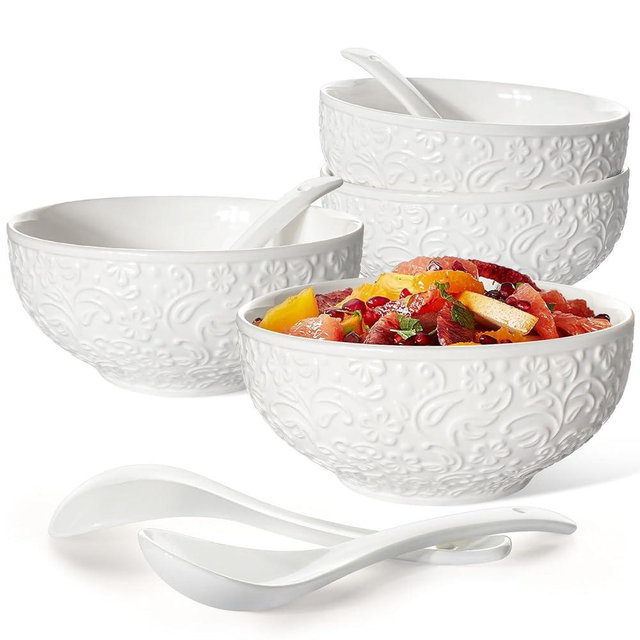 Artena Soup Bowls & Soup Spoons, Embossed Ceramic Cereal Bowls Set of 4, White Salad Bowl 26 OZ for Kitchen Pho, Ramen, Rice, Oatmeal, Fruit, Dishwasher & Microwave Safe, Flower