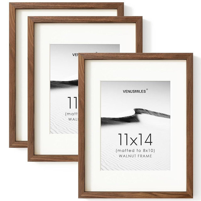 11x14 Picture Frame Set of 3, USA-Sourced Natural Walnut Wood Photo Collage Frame with HD Tempered Glass, Modern Simple 11 x 14 Wooden Frame Matted to 8x10, Vertical & Horizontal Wall Hanging Display