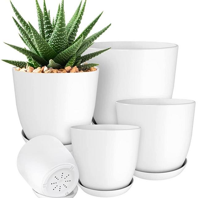 Utopia Home Plant Pots Indoor with Drainage - Pack of 5 Decorative Flower Pots for Indoor Plants - White Plastic Planters for Indoor Plants, Flowers, Cactus, Succulents Pot