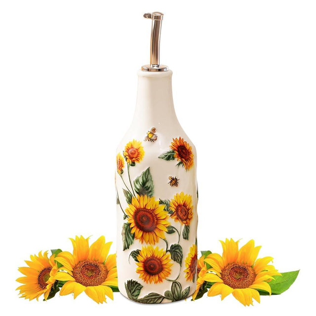 XRBEOU Ceramic Olive Oil Dispenser Bottle, 18 Oz Sunflower Oil and Vinegar Container for Kitchen with Stainless Steel Spout, Cooking Holder Cruet for Vinegar, Coffee Syrups, Sunflower Kitchen Decor