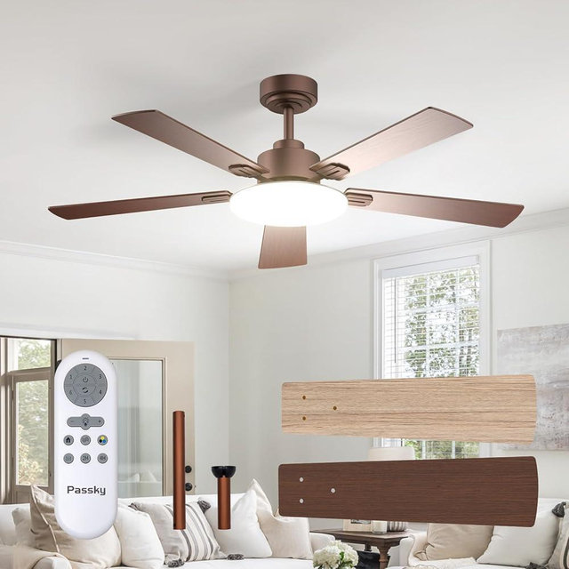Passky Ceiling Fans with Lights, 52 inch Sleek Ceiling Fan with Light and Remote Control, 3CCT, Dimmable, Reversible, Noiseless, Brown Ceiling Fan for Bedroom, Living Room