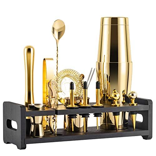 Soing 24-Piece Cocktail Shaker Set,Perfect Home Bartender Kit for Drink Mixing,Stainless Steel Bar Tools With Stand,Velvet Carry Bag & Recipes Cards Included (Gold)