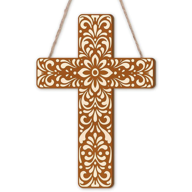 Maitys Floral Cross Wall Decor Hand Painted Decorative Inspirational Wooden Cross Mexican Art Wall Decor Mexican Crucifix for Home Room Church Decoration(Beige Talavera Tile)